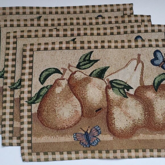 Vintage Farmhouse Dining Table Tapestry Placemats 4pc Set Pears & Butterflies - Picture 2 of 6
